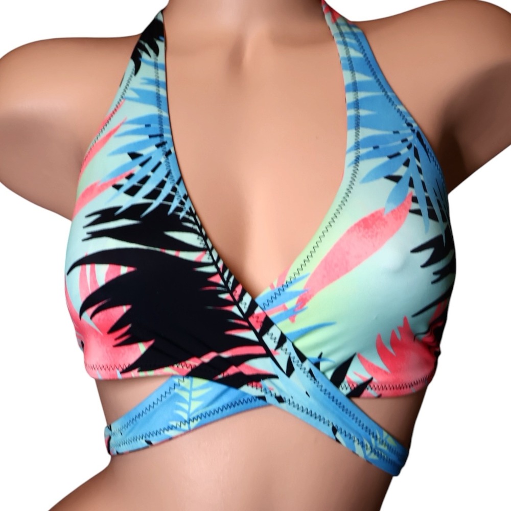 Sundazed Tropical Palm Wrap Style Bikini Top XL Mesh Back Crossover Halter NWT